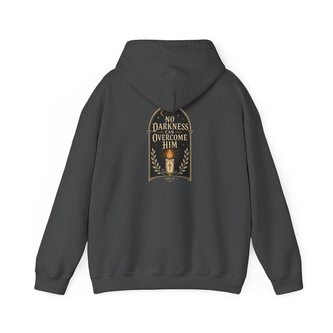 Hoodie — "No Darkness Can Overcome Him" Inspirational Lantern Hoodie