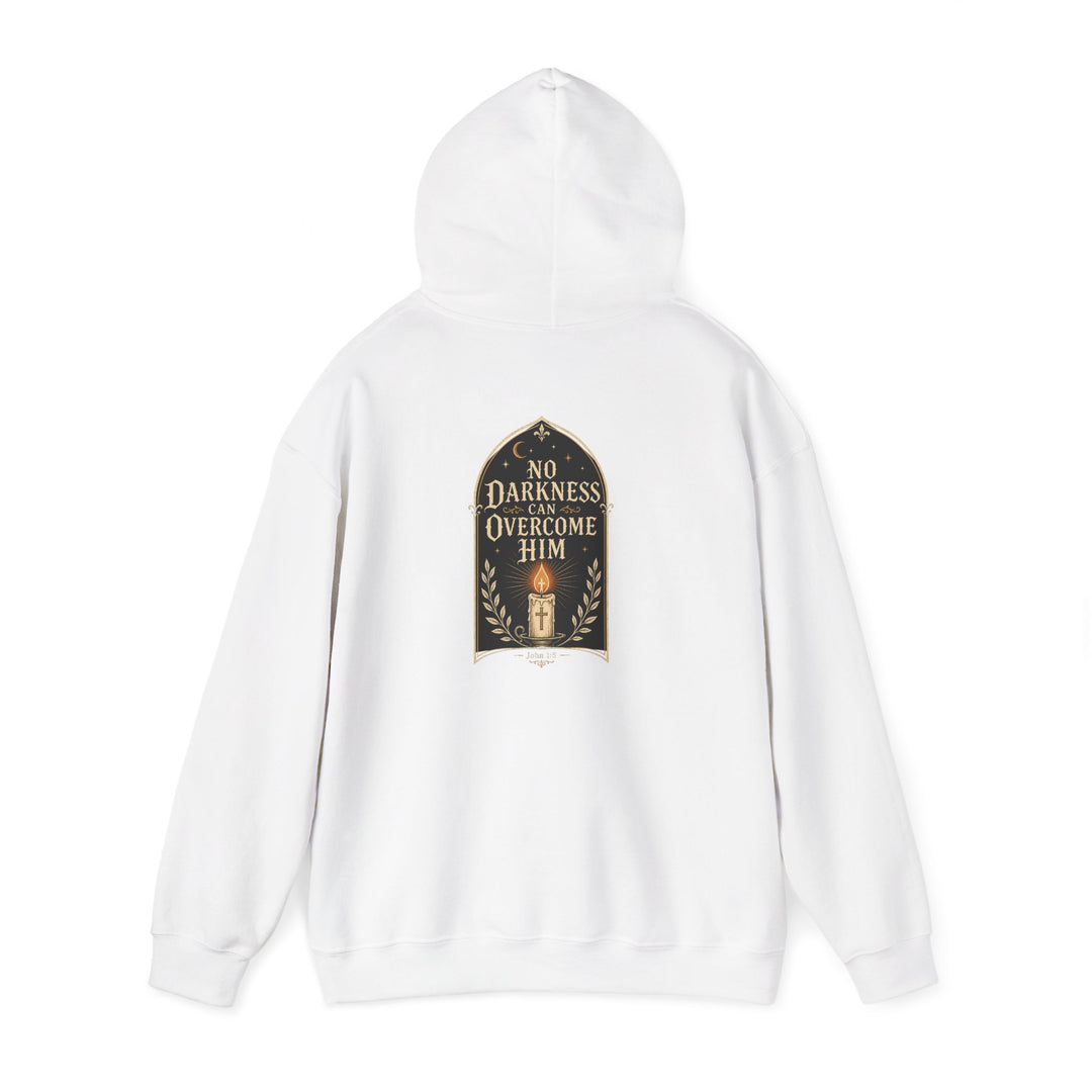 Hoodie — "No Darkness Can Overcome Him" Inspirational Lantern Hoodie