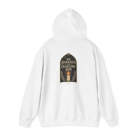 Hoodie — "No Darkness Can Overcome Him" Inspirational Lantern Hoodie