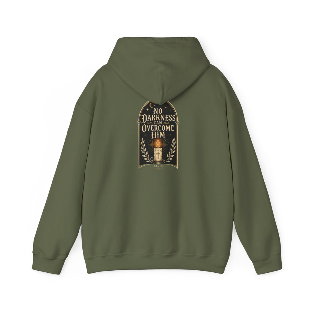 Hoodie — "No Darkness Can Overcome Him" Inspirational Lantern Hoodie