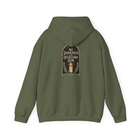 Hoodie — "No Darkness Can Overcome Him" Inspirational Lantern Hoodie