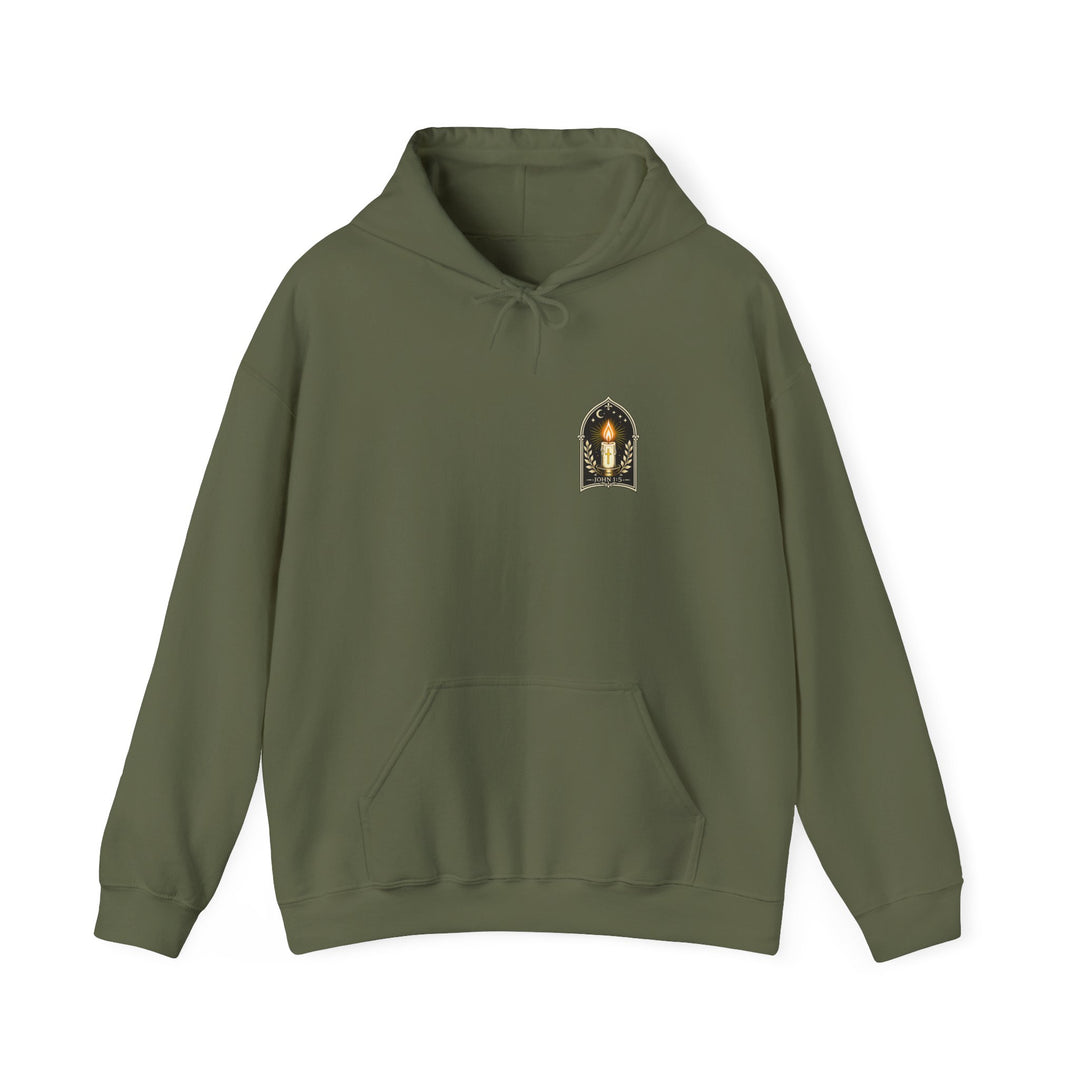 Hoodie — "No Darkness Can Overcome Him" Inspirational Lantern Hoodie