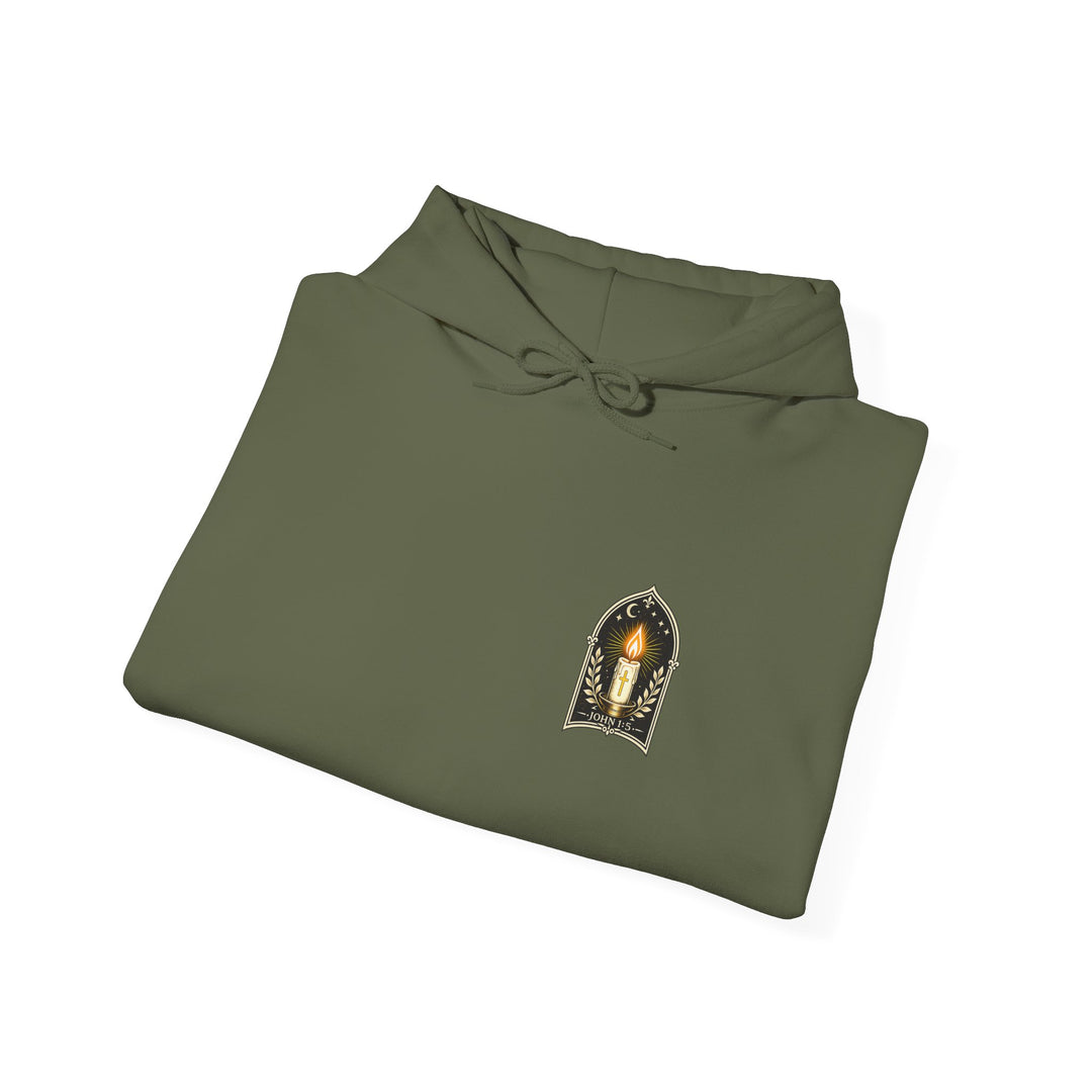 Hoodie — "No Darkness Can Overcome Him" Inspirational Lantern Hoodie