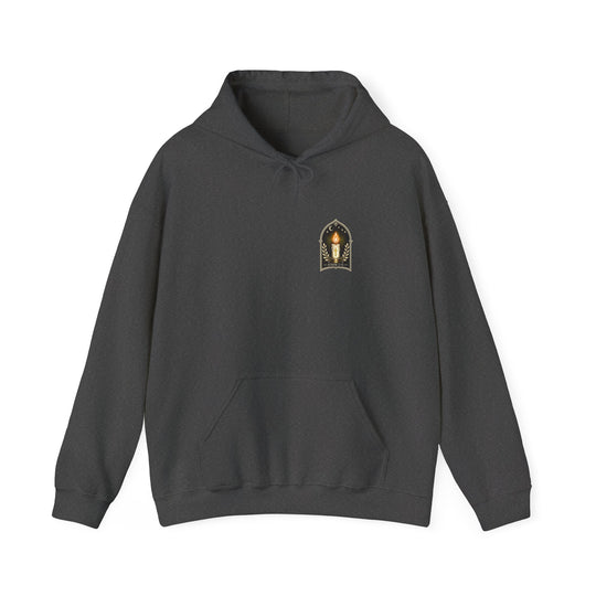 Hoodie — "No Darkness Can Overcome Him" Inspirational Lantern Hoodie