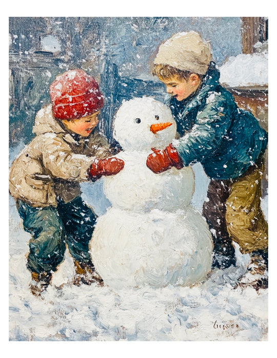 Two kids building a snowman Winter Art Print 8" x 10"