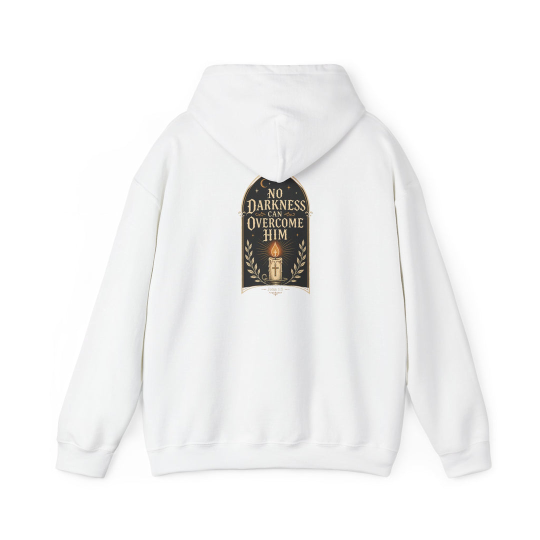 Hoodie — "No Darkness Can Overcome Him" Inspirational Lantern Hoodie