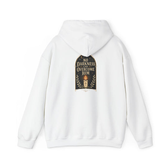 Hoodie — "No Darkness Can Overcome Him" Inspirational Lantern Hoodie