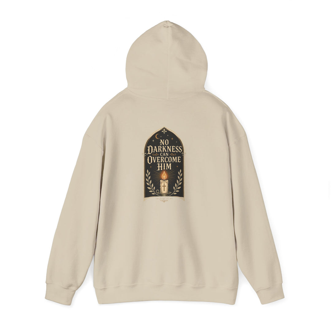 Hoodie — "No Darkness Can Overcome Him" Inspirational Lantern Hoodie