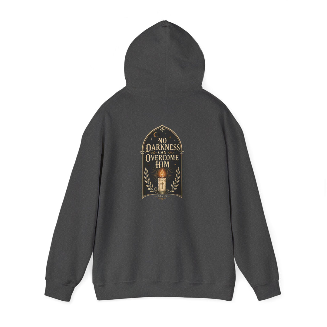 Hoodie — "No Darkness Can Overcome Him" Inspirational Lantern Hoodie