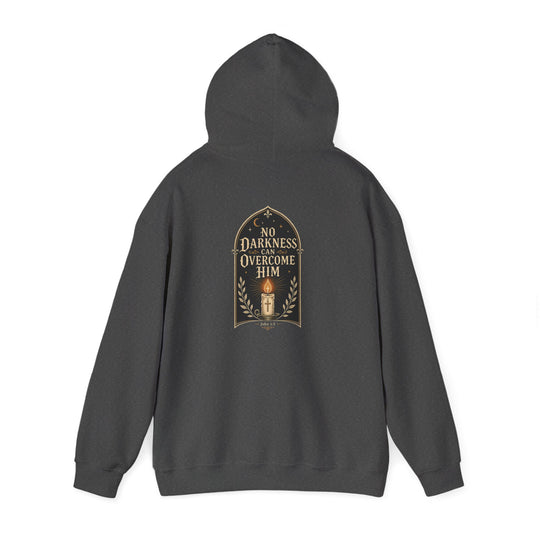 Hoodie — "No Darkness Can Overcome Him" Inspirational Lantern Hoodie