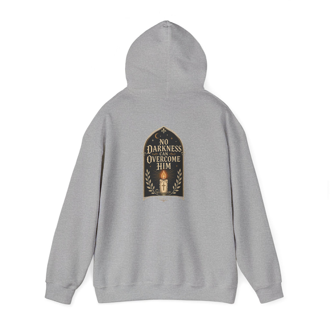 Hoodie — "No Darkness Can Overcome Him" Inspirational Lantern Hoodie