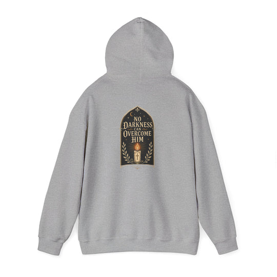 Hoodie — "No Darkness Can Overcome Him" Inspirational Lantern Hoodie