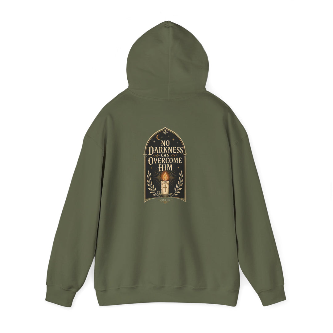 Hoodie — "No Darkness Can Overcome Him" Inspirational Lantern Hoodie