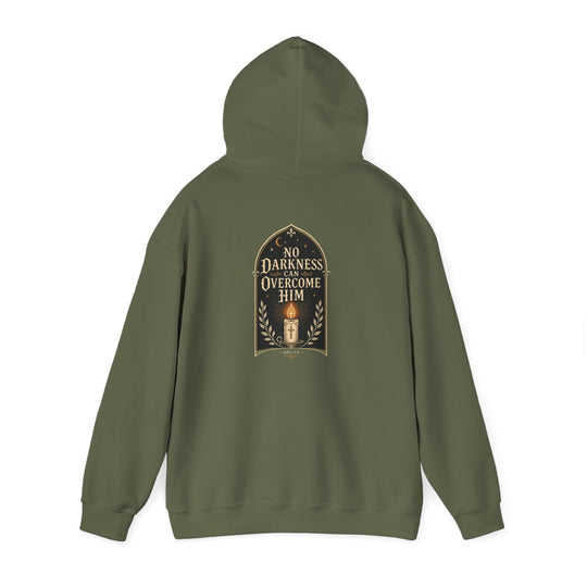 Hoodie — "No Darkness Can Overcome Him" Inspirational Lantern Hoodie