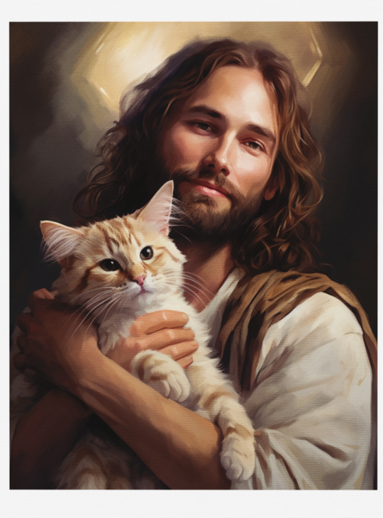 Jesus with Cat Christian Art Print 8" x 10"