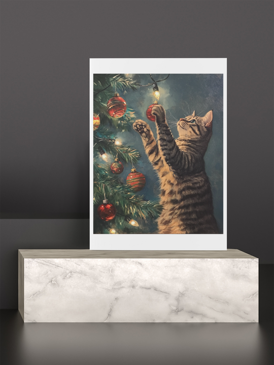 Cat with Ornament Christmas Art Print 8" x 10"