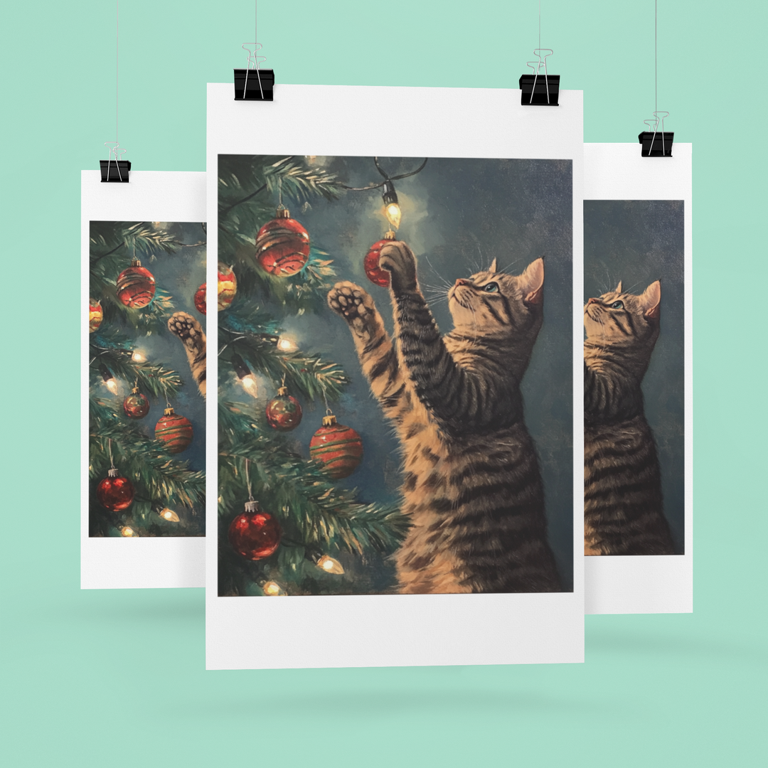 Cat with Ornament Christmas Art Print 8" x 10"