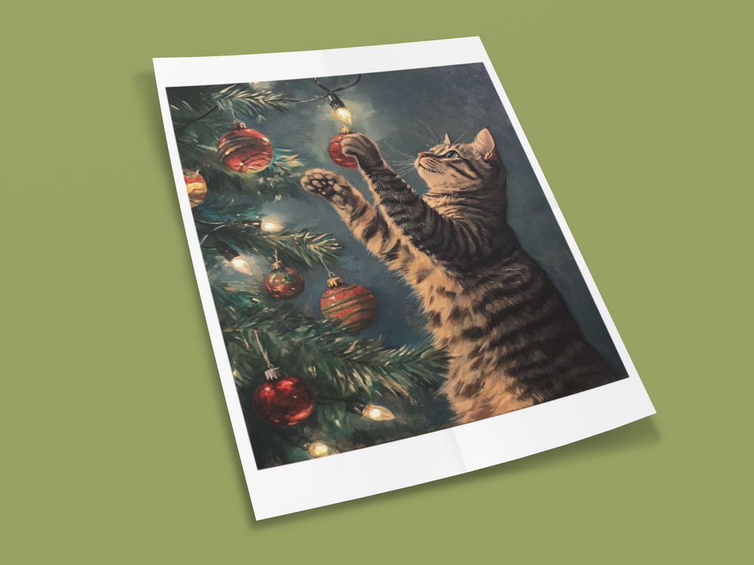 Cat with Ornament Christmas Art Print 8" x 10"