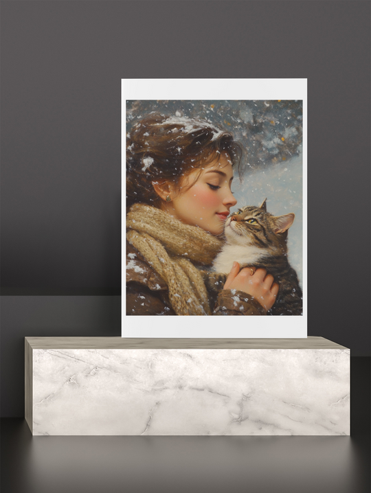 Cat with Girl in the Snow Winter Art Print 8" x 10"