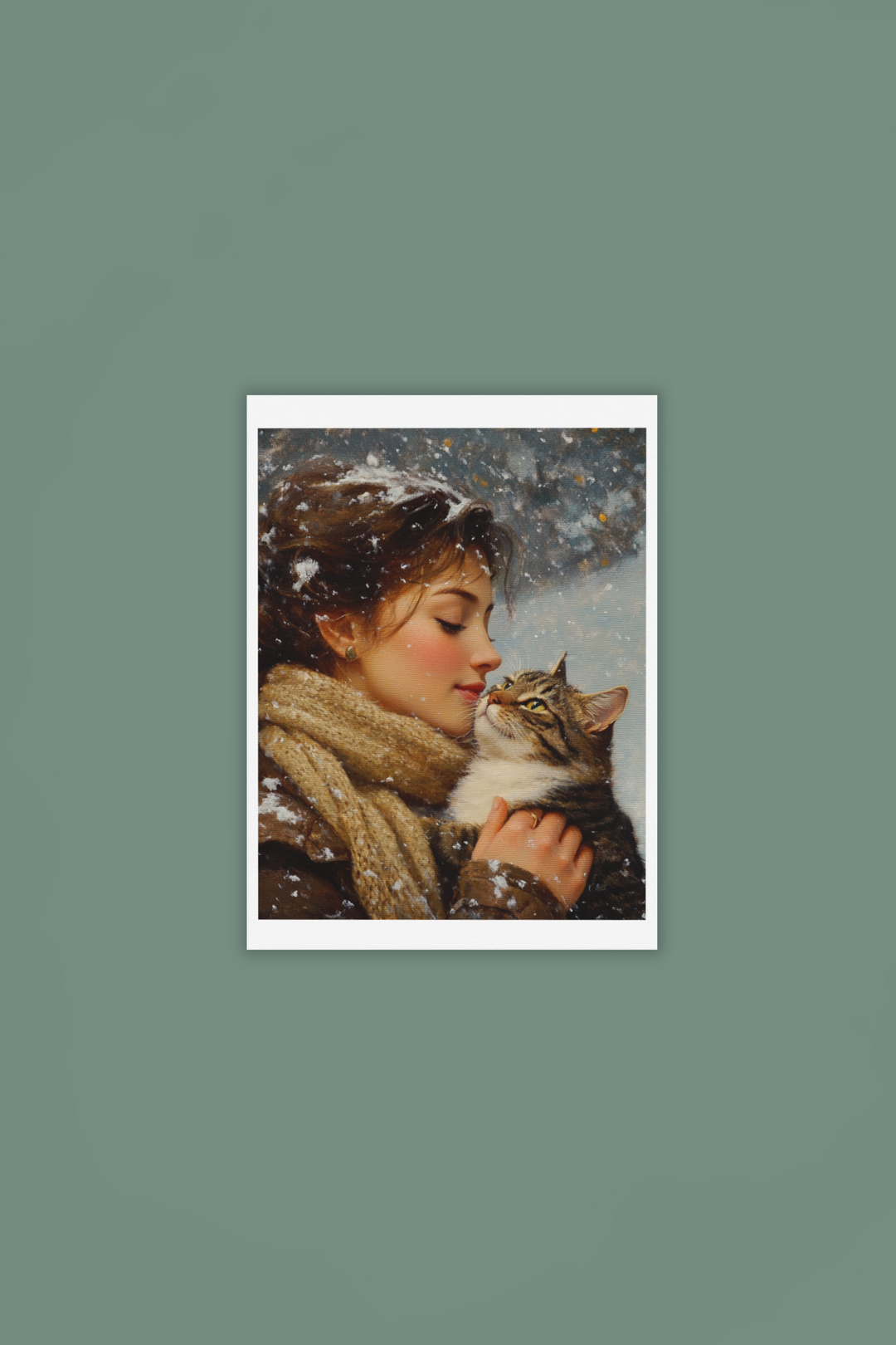 Cat with Girl in the Snow Winter Art Print 8" x 10"