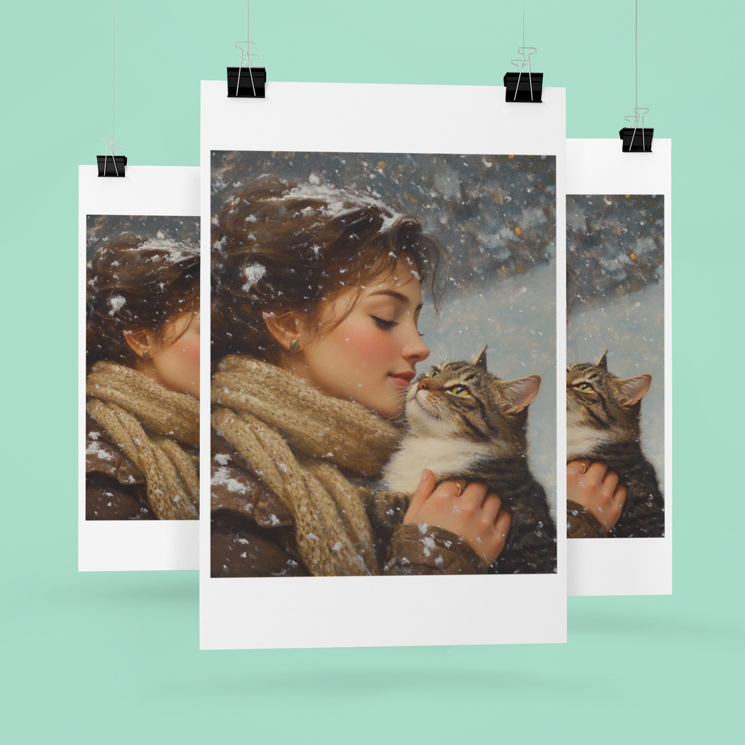 Cat with Girl in the Snow Winter Art Print 8" x 10"