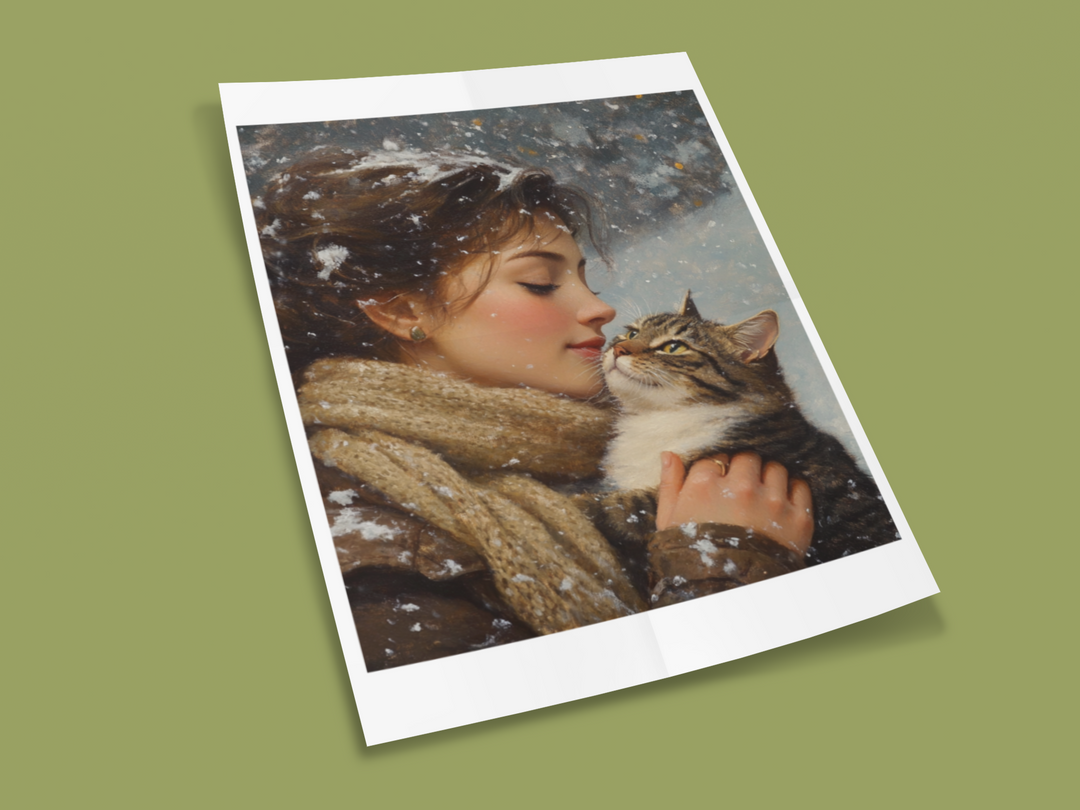 Cat with Girl in the Snow Winter Art Print 8" x 10"