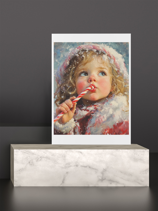 Girl with Candy Cane in the Snow Christmas Art Print 8" x 10"