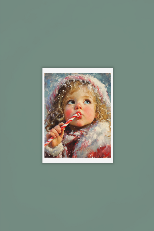 Girl with Candy Cane in the Snow Christmas Art Print 8" x 10"