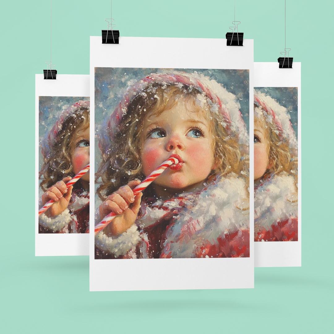 Girl with Candy Cane in the Snow Christmas Art Print 8" x 10"