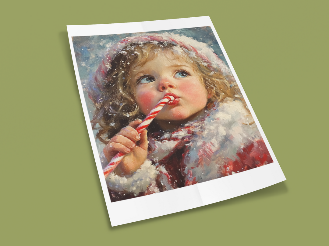 Girl with Candy Cane in the Snow Christmas Art Print 8" x 10"