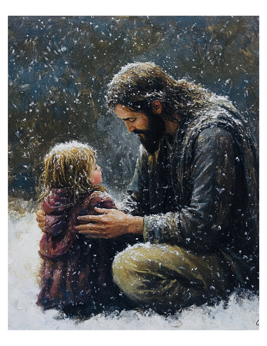 Jesus and child in the snow Winter Art Print 8" x 10"