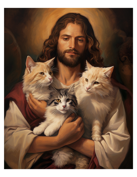 Jesus with Three Cats Christian Art Print 8" x 10"