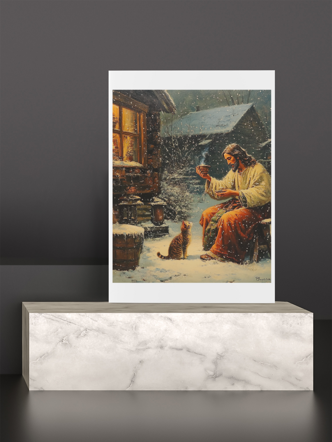 Jesus Feeding Cat in the Snow Christian Art Print 8" x 10"