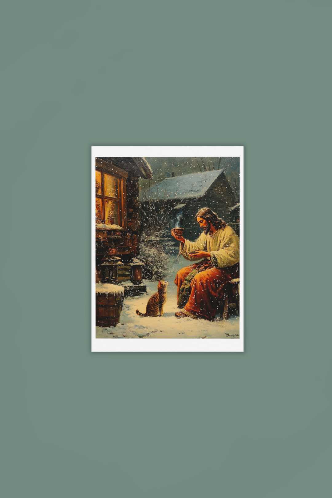 Jesus Feeding Cat in the Snow Christian Art Print 8" x 10"