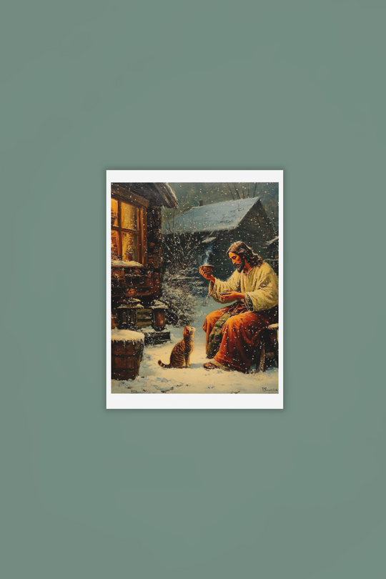 Jesus Feeding Cat in the Snow Christian Art Print 8" x 10"