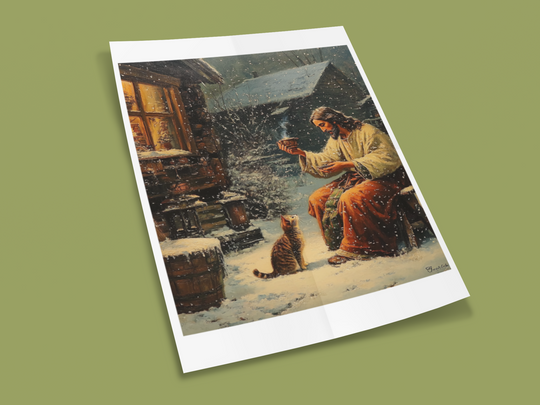 Jesus Feeding Cat in the Snow Christian Art Print 8" x 10"