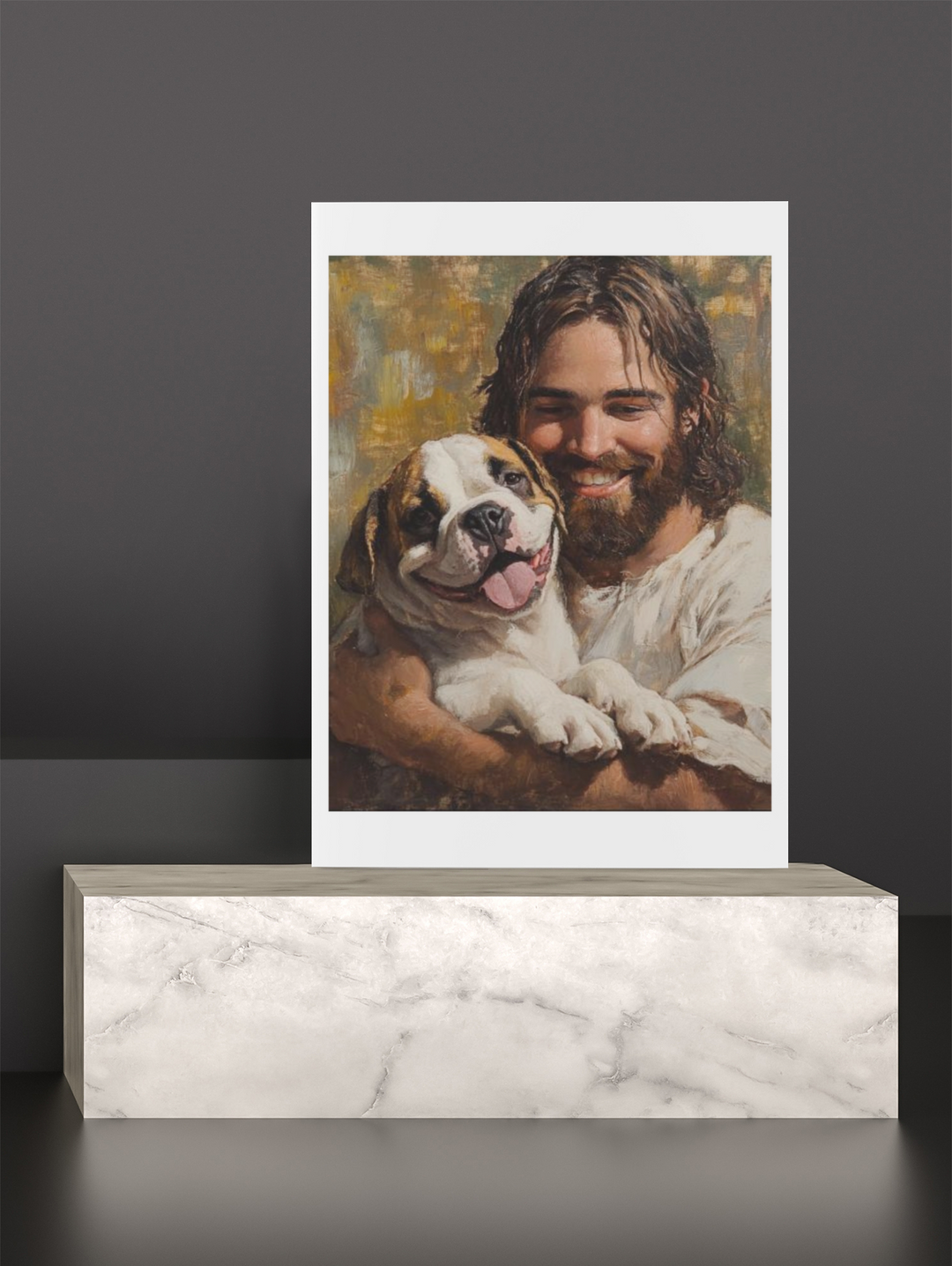 Jesus with Bulldog Dog Christian Art Print 8" x 10"