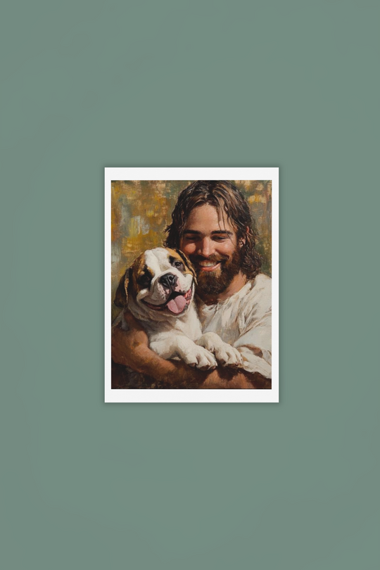 Jesus with Bulldog Dog Christian Art Print 8" x 10"