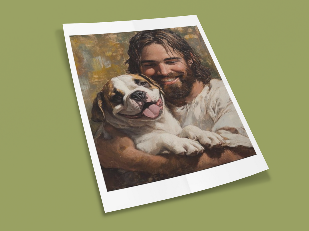 Jesus with Bulldog Dog Christian Art Print 8" x 10"