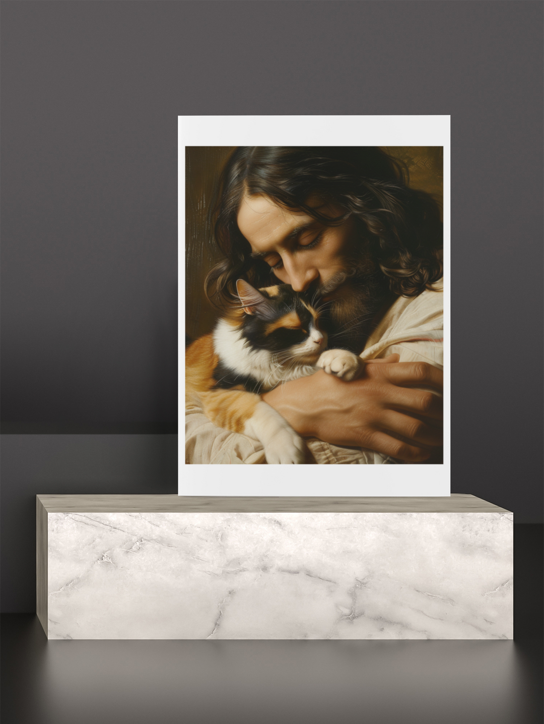Jesus with Calico Cat Christian Art Print 8" x 10"