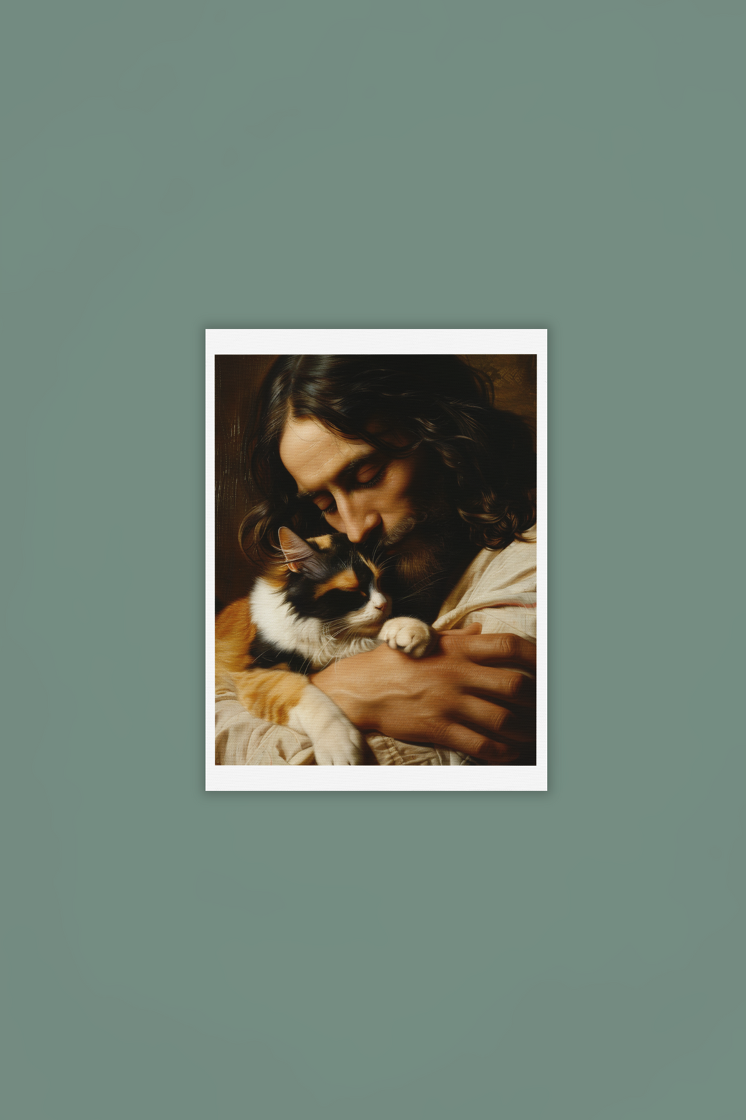 Jesus with Calico Cat Christian Art Print 8" x 10"