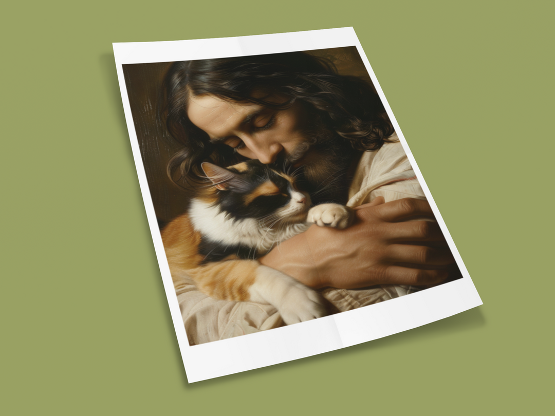 Jesus with Calico Cat Christian Art Print 8" x 10"
