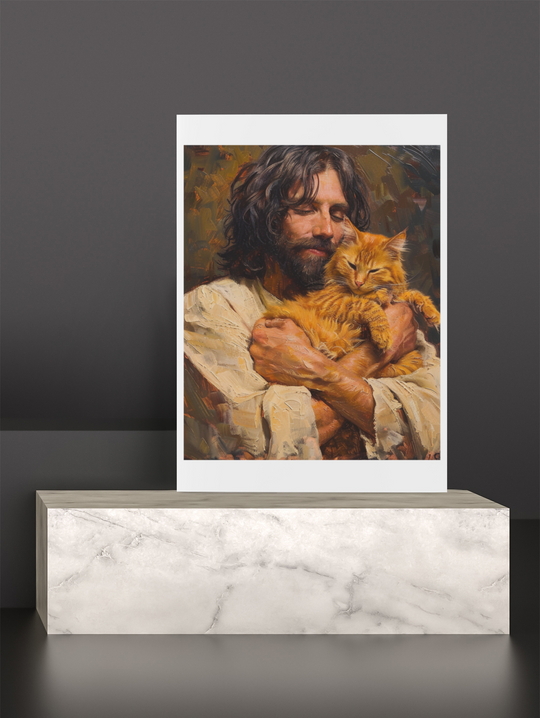 Jesus with Orange Cat Christian Art Print 8" x 10"