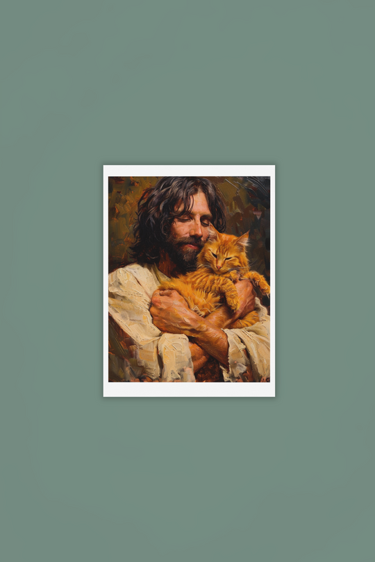 Jesus with Orange Cat Christian Art Print 8" x 10"