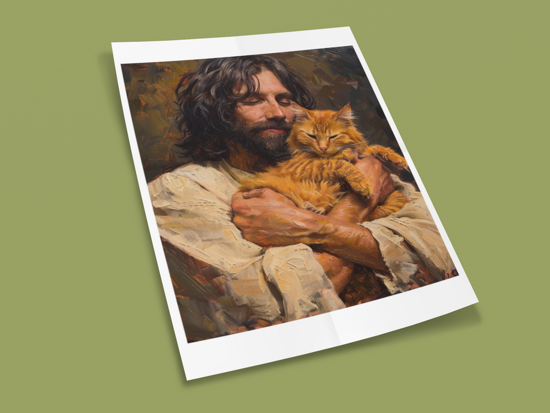 Jesus with Orange Cat Christian Art Print 8" x 10"