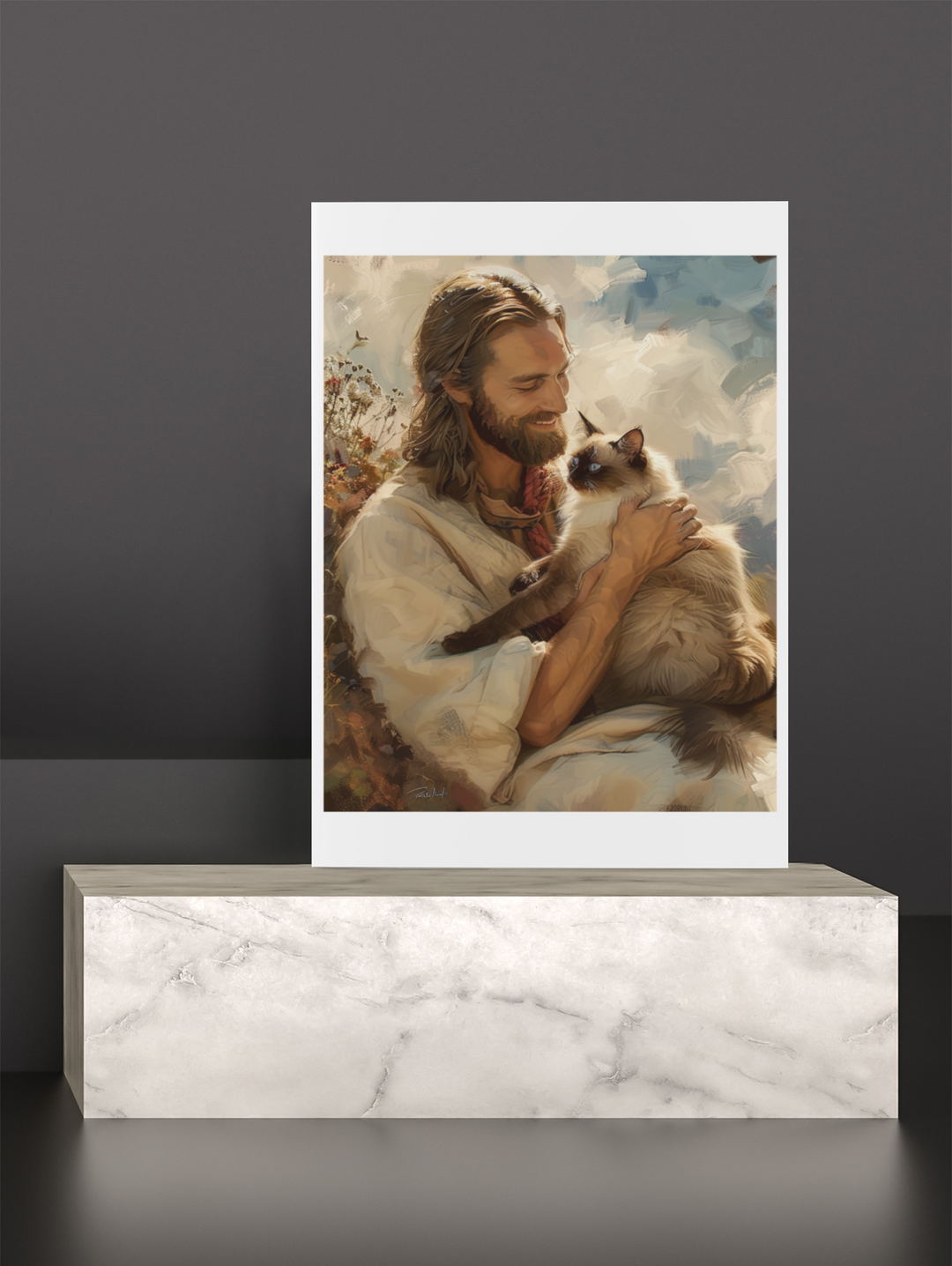 Jesus with Siamese Cat Christian Art Print 8" x 10"