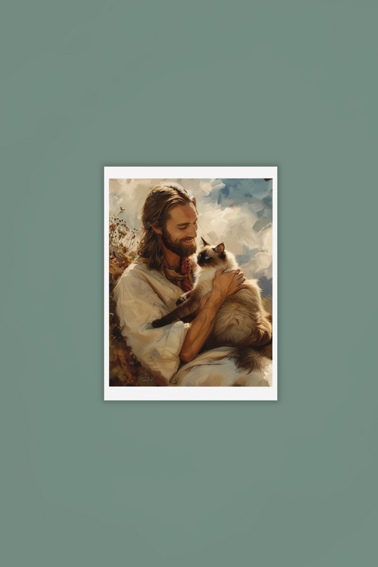 Jesus with Siamese Cat Christian Art Print 8" x 10"