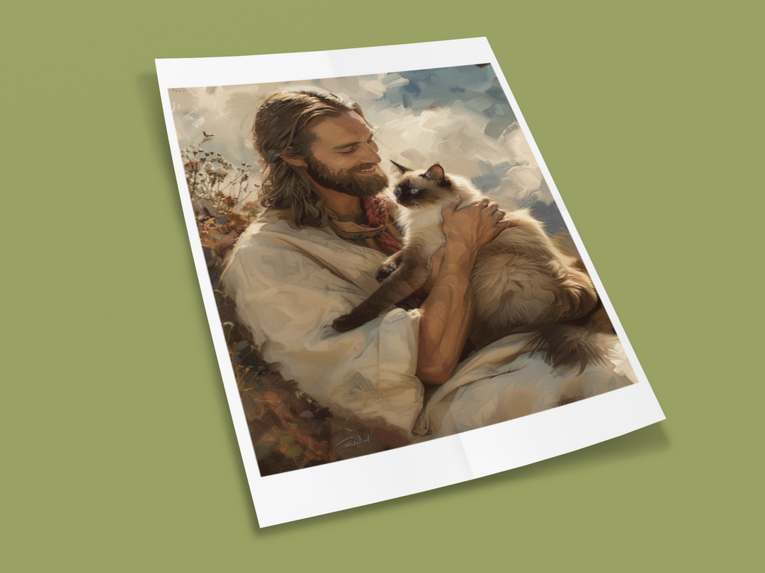 Jesus with Siamese Cat Christian Art Print 8" x 10"