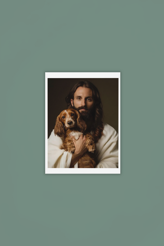 Jesus with Weiner Dog Christian Art Print 8" x 10"