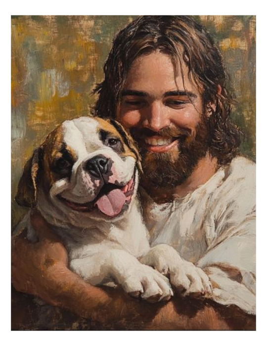 Jesus with Bulldog Dog Christian Art Print 8" x 10"